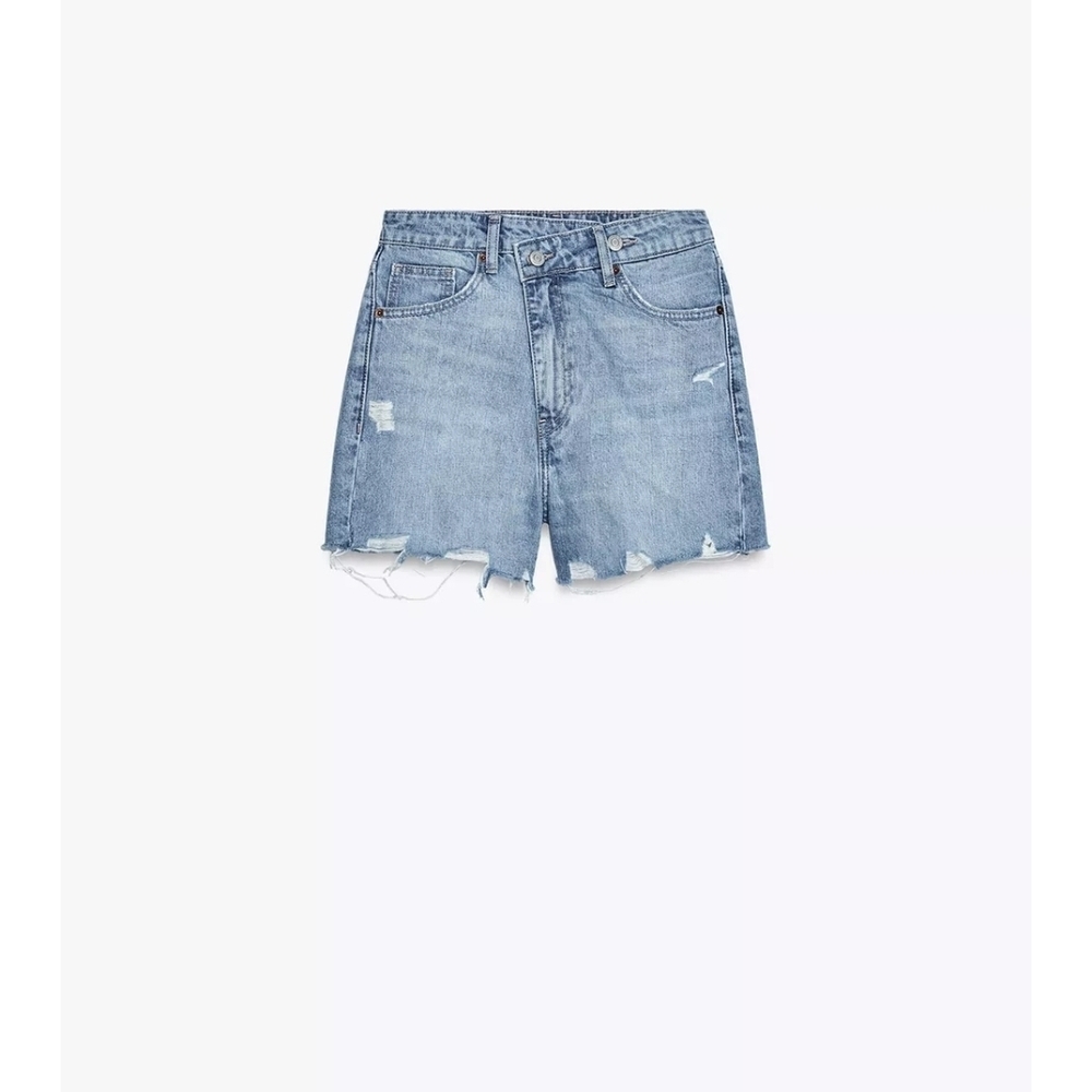 Zara High-Rise Cross Waist Mom Fit Distressed Jean Shorts